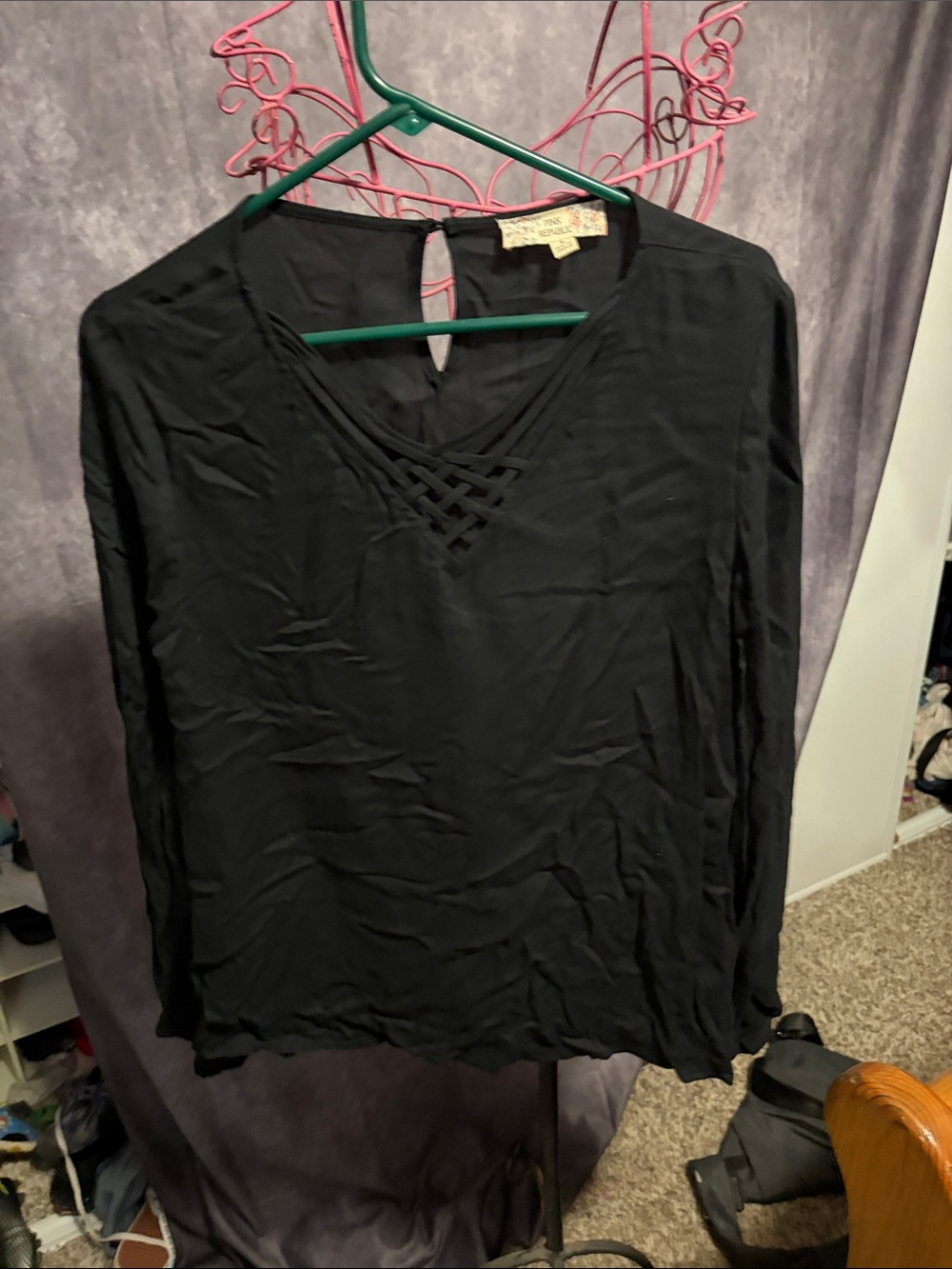 Pink Republic Black Long Sleeve V-Neck Tee with Lattice Detail